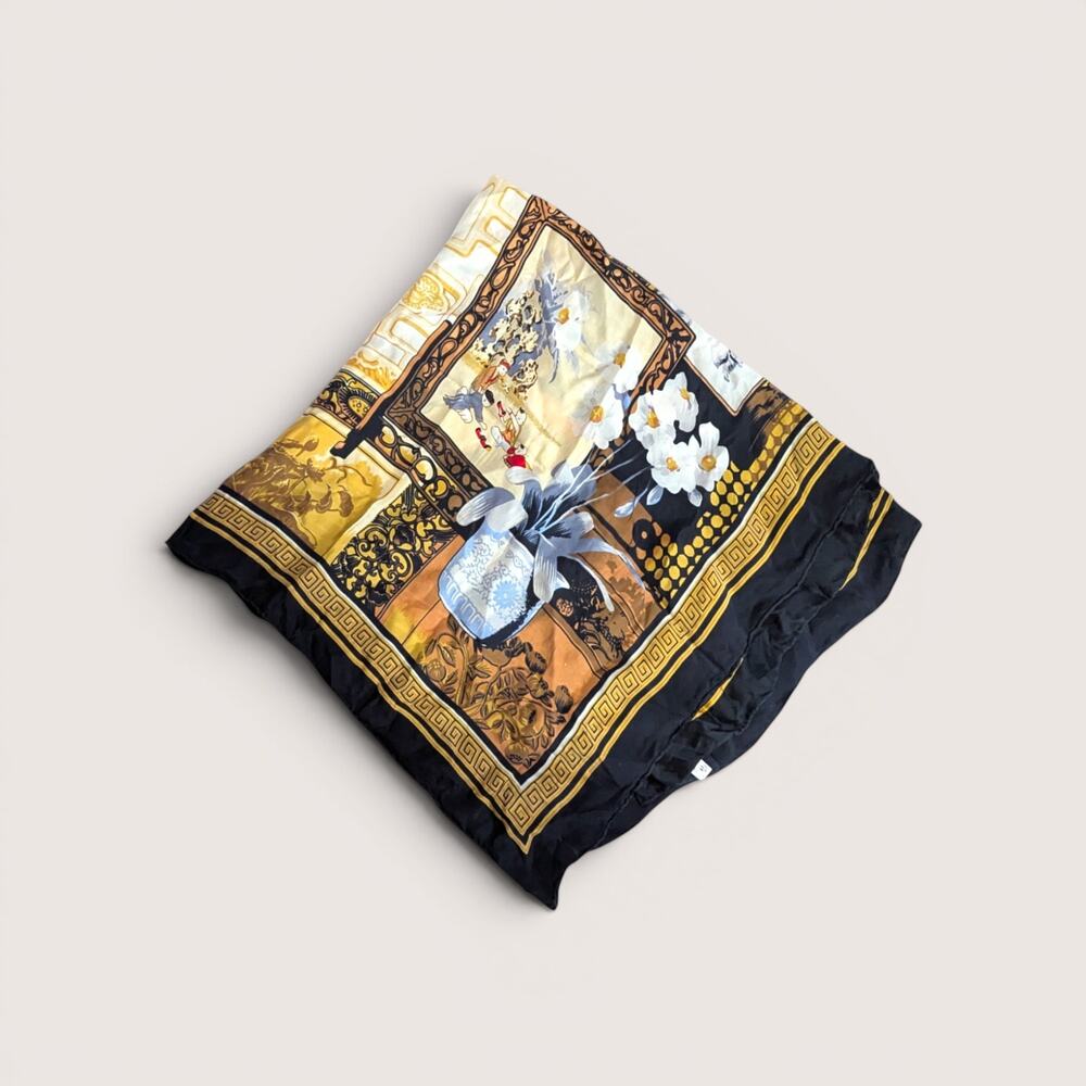 Vintage Huali Silk Scarf Black Gold Asian Motif